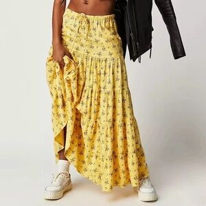 Free People Nova Maxi Skirt Lemon Yellow Medium Tiered Prairie Floral
